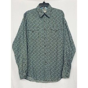 Roper Western Shirt Men's Large Snap Up Long Sleeve Shirt Teal Blue & Brown